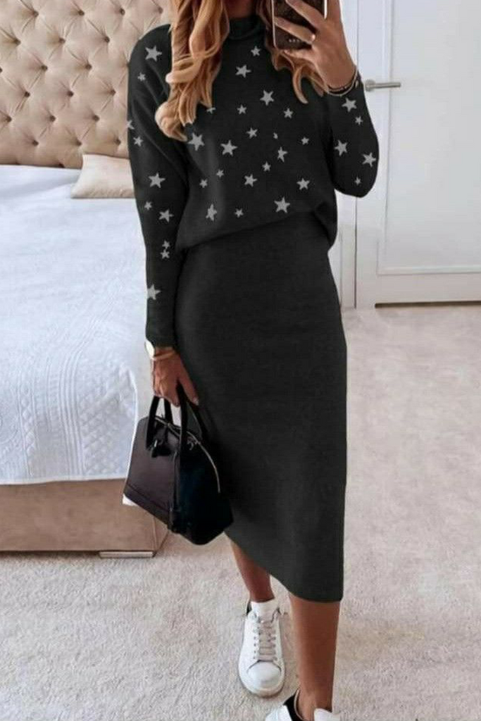 Casual The stars Patchwork O Neck Long Sleeve Two Pieces(7 Colors)