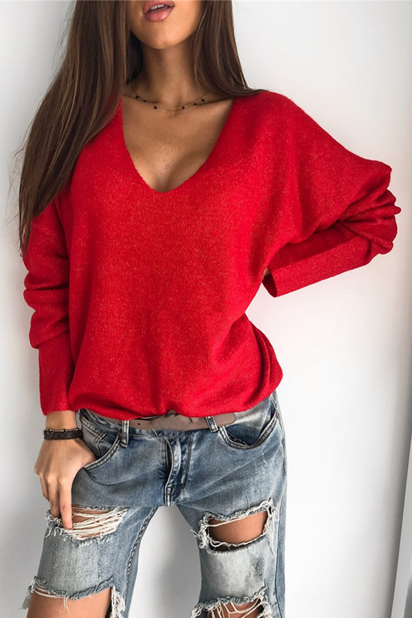 Casual Solid Basic V Neck Tops Sweater(4 Colors)
