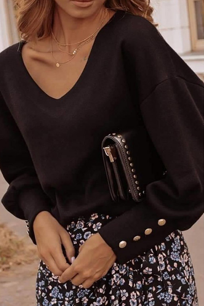 Casual Solid Patchwork Buckle V Neck Tops