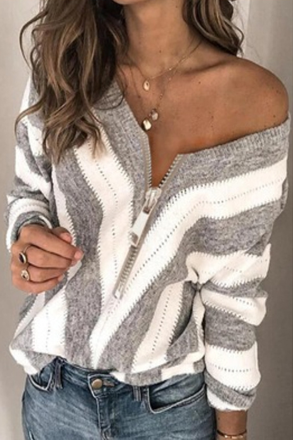 Casual Striped Split Joint Contrast Zipper Collar Tops Sweater