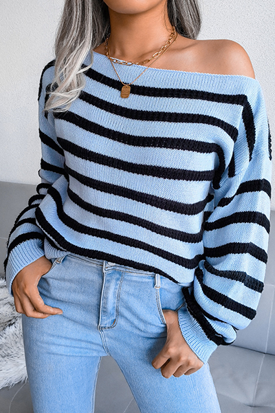Casual Striped Split Joint  Contrast Off the Shoulder Tops