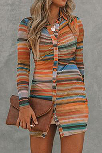 Fashion Street Striped Split Joint Buckle Turndown Collar Pencil Skirt Dresses