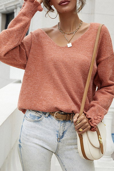 Casual Solid Buttons Stringy Selvedge V Neck Tops Sweater