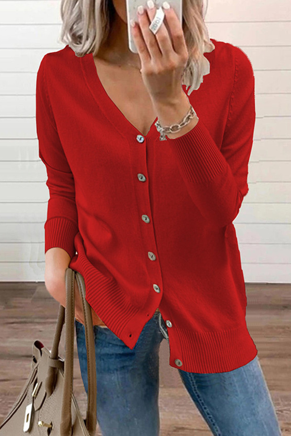 Casual Solid Patchwork Buckle V Neck Sweater(12 Colors)