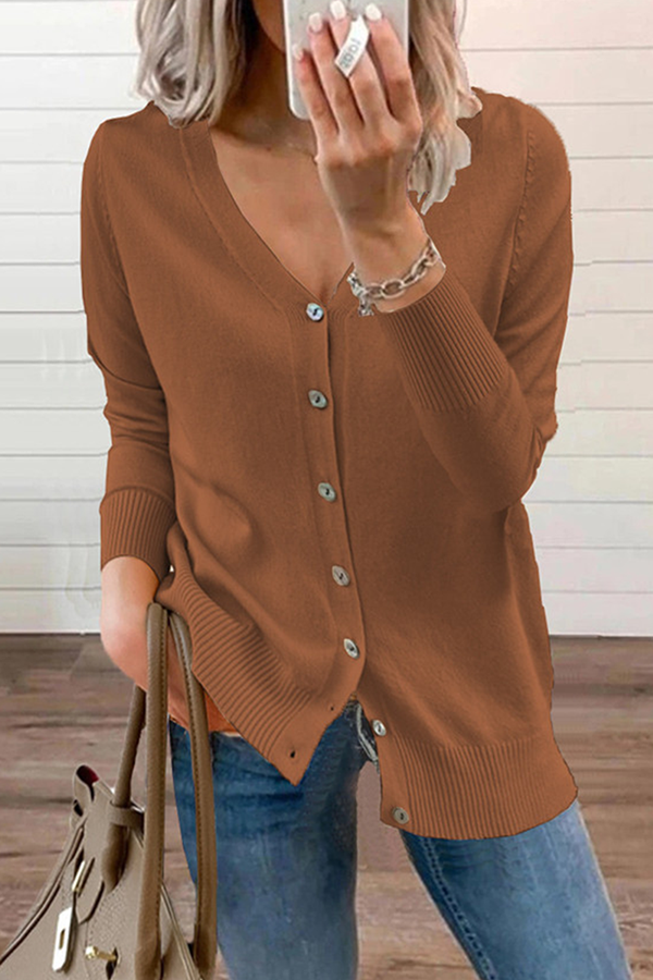 Casual Solid Patchwork Buckle V Neck Sweater(12 Colors)