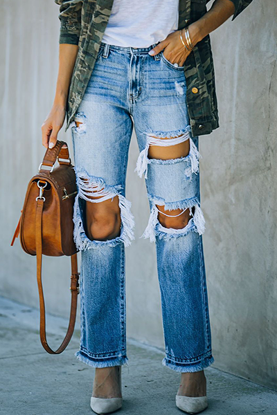 Casual Patchwork Tassel Ripped Make Old Straight Bottoms