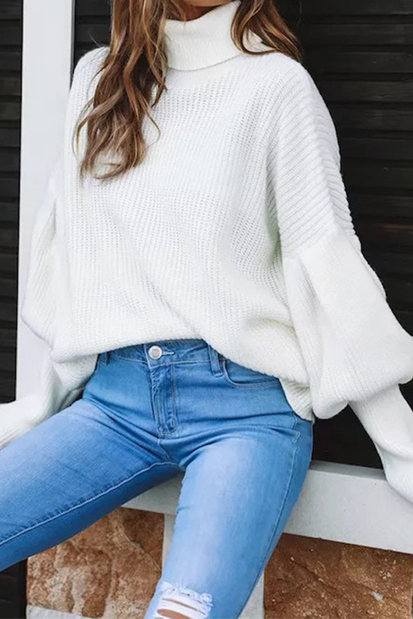 Casual Solid Patchwork Turtleneck Tops Sweater(3 Colors)