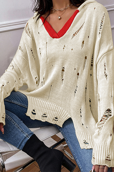 Casual Patchwork Tassel Ripped Hooded Collar Tops