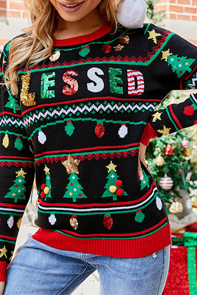 Casual Letter Christmas Tree Printed Sequins Split Joint O Neck Tops