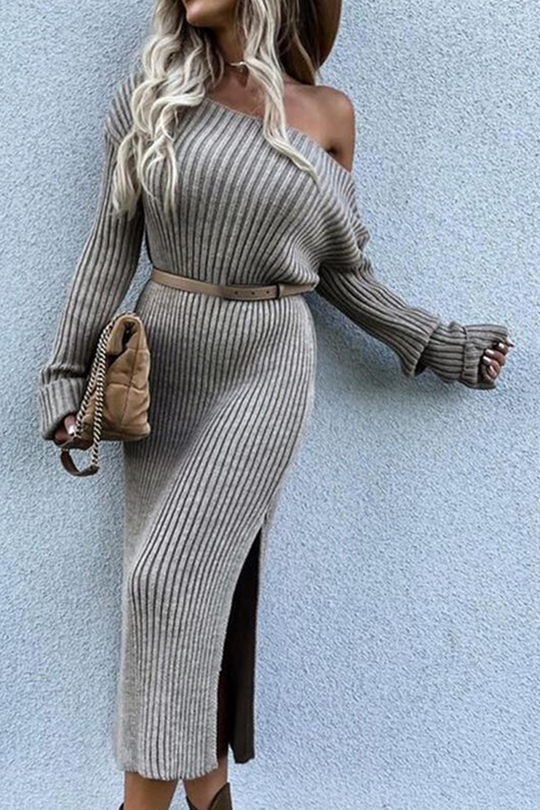 Fashion Elegant Solid Split Joint Slit Oblique Collar Dresses Sweater (Without Belt)