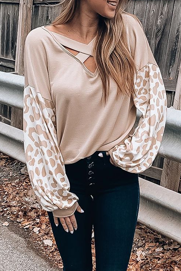 Casual Leopard Hollowed Out Split Joint V Neck Tops