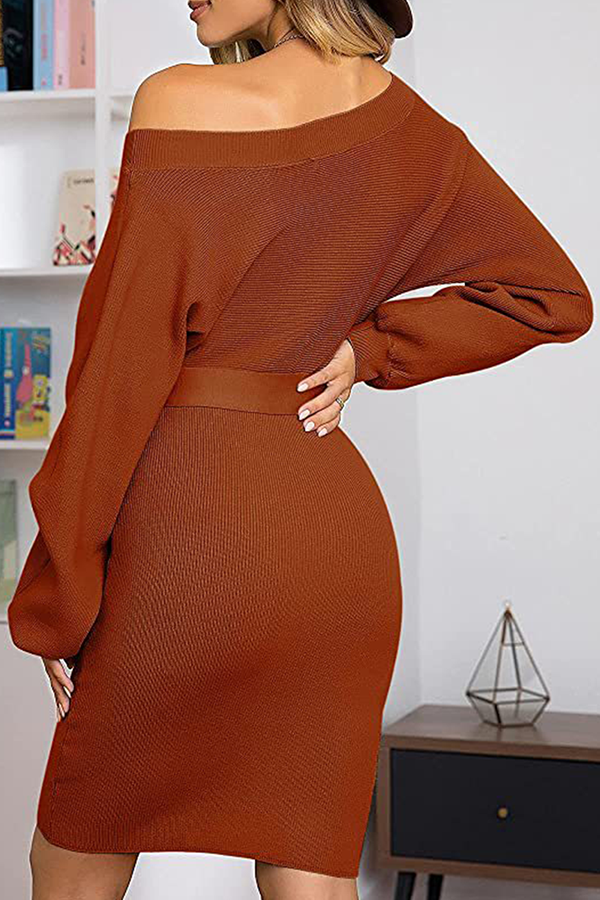 Fashion Elegant Solid Patchwork With Belt Oblique Collar Wrapped Skirt Dresses(6 Colors)