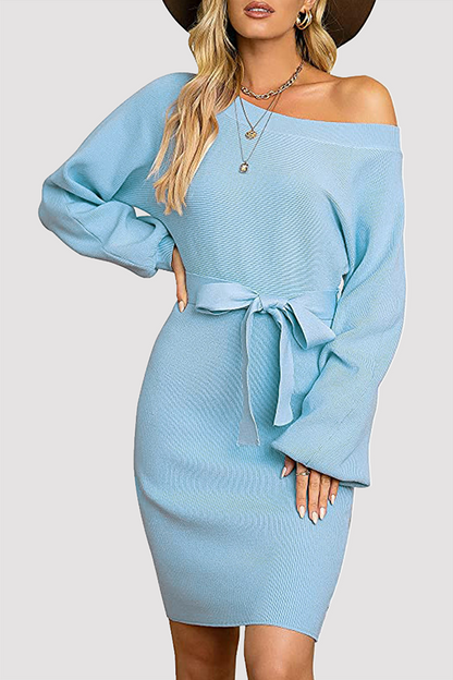 Fashion Elegant Solid Patchwork With Belt Oblique Collar Wrapped Skirt Dresses(6 Colors)
