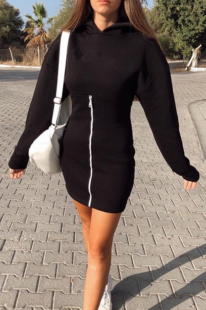 Fashion Casual Solid Split Joint Zipper Hooded Collar Pencil Skirt Dresses