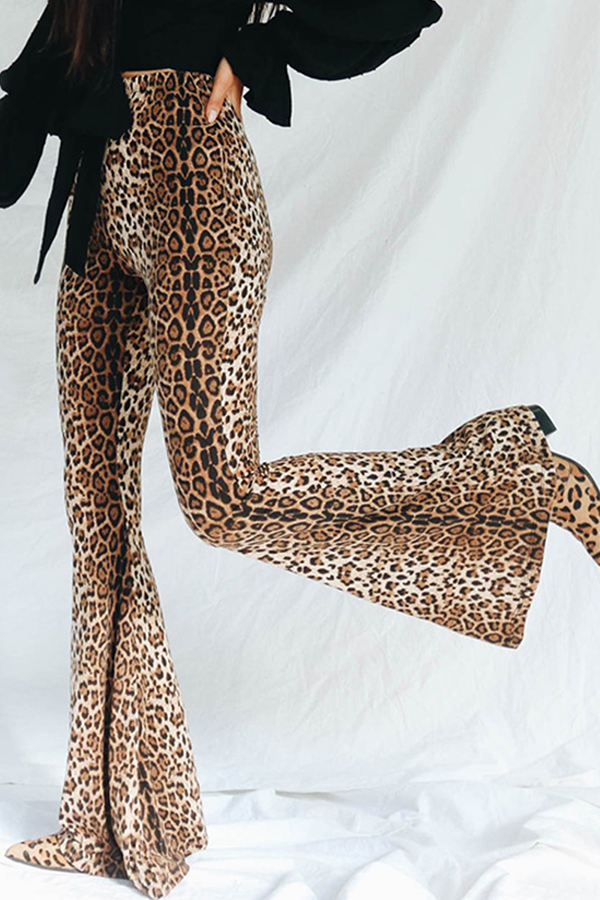 Fashion Street Animal Print Leopard Split Joint Basic Boot Cut High Waist Full Print Bottoms