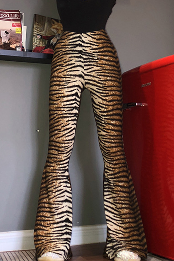 Fashion Street Animal Print Leopard Split Joint Basic Boot Cut High Waist Full Print Bottoms