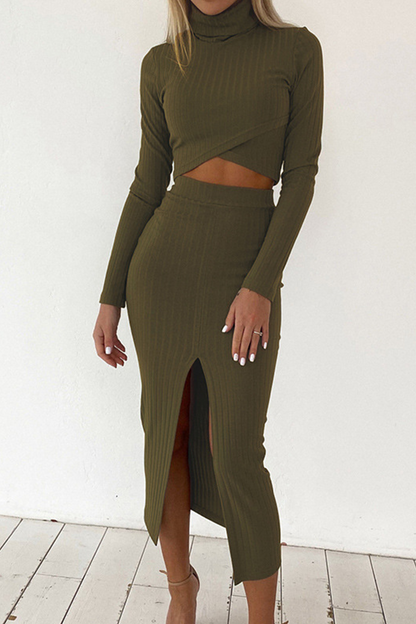 Fashion Casual Slit Turtleneck Long Sleeve Two Pieces(4 Colors)