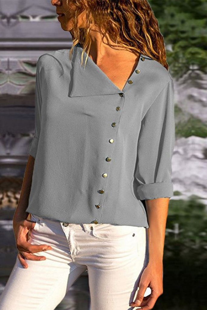 Casual Solid Buckle O Neck Tops(7 Colors)