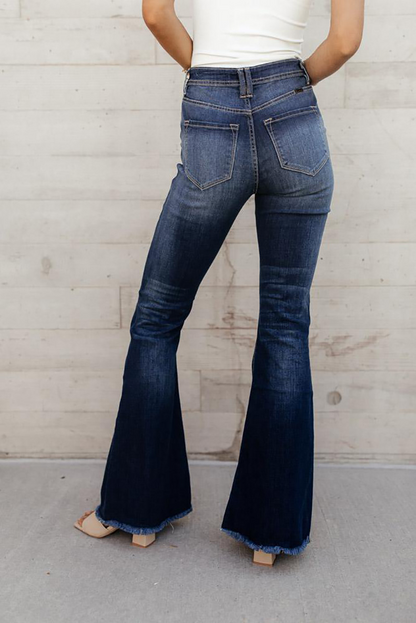 Casual Solid Ripped Buckle Mid Waist Boot Cut Denim Jeans