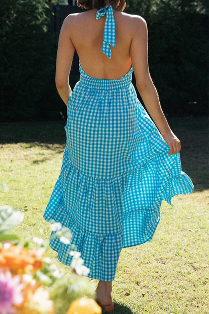 Casual Plaid Hollowed Out Halter Cake Skirt Dresses