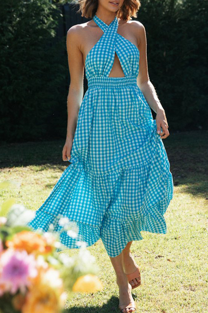 Casual Plaid Hollowed Out Halter Cake Skirt Dresses