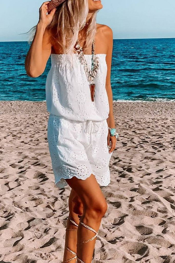 Casual Solid Lace Strapless Straight Rompers