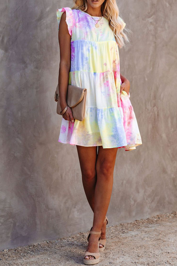 Casual Patchwork Tie-dye Flounce O Neck Straight Dresses