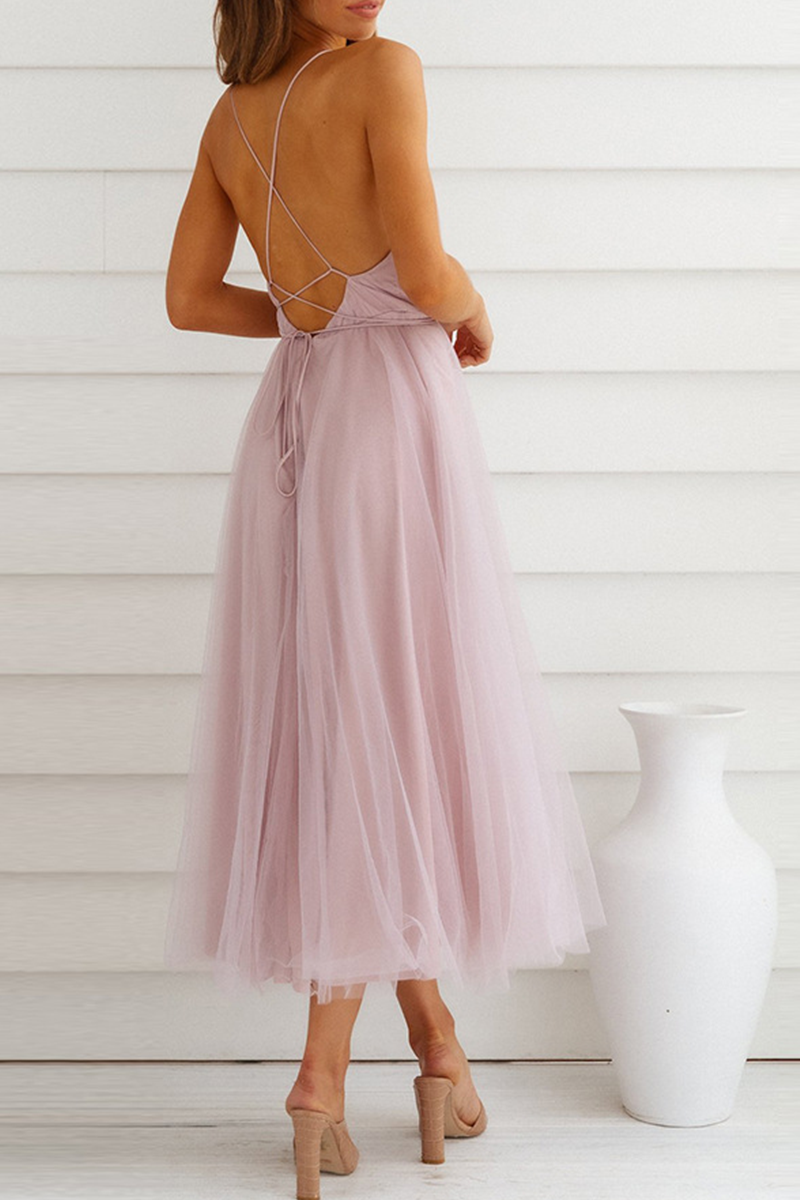 Casual Solid Mesh V Neck Cake Skirt Dresses(4 colors)