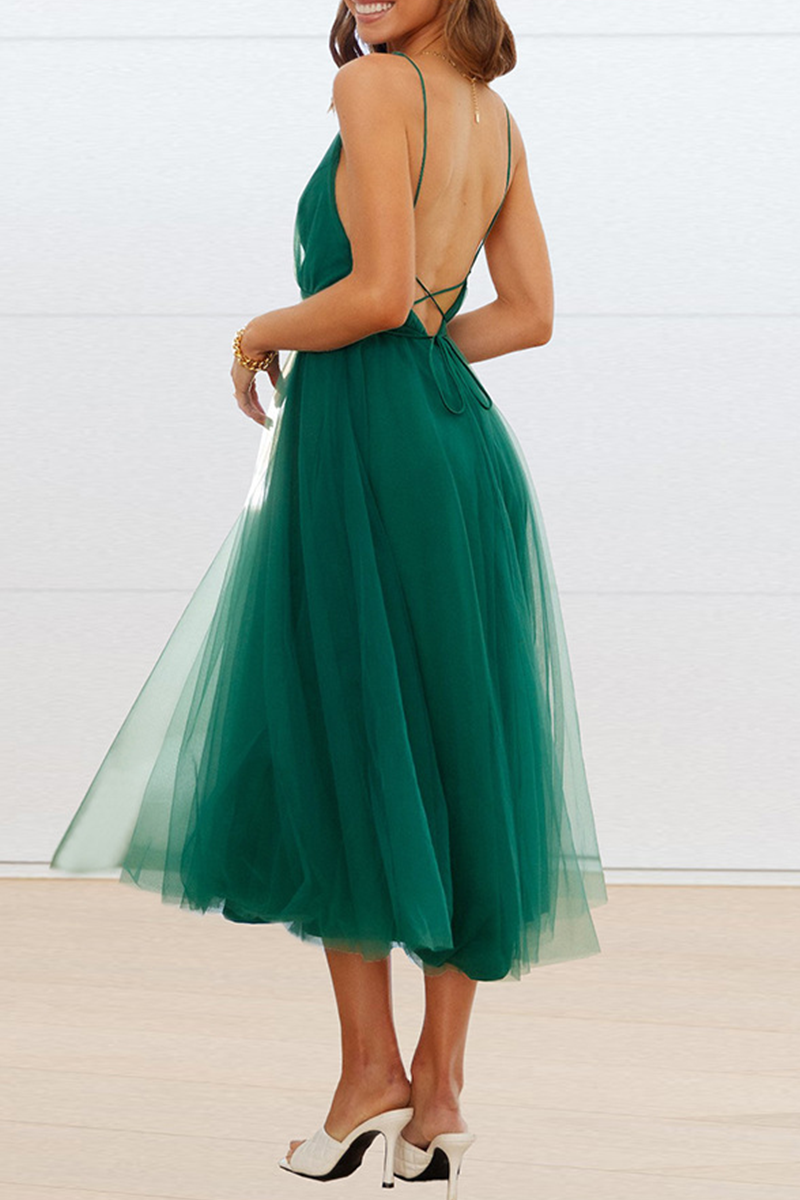 Casual Solid Mesh V Neck Cake Skirt Dresses(4 colors)