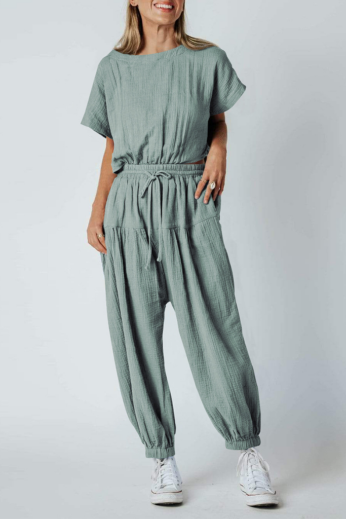 Casual Solid Patchwork O Neck Harlan Jumpsuits