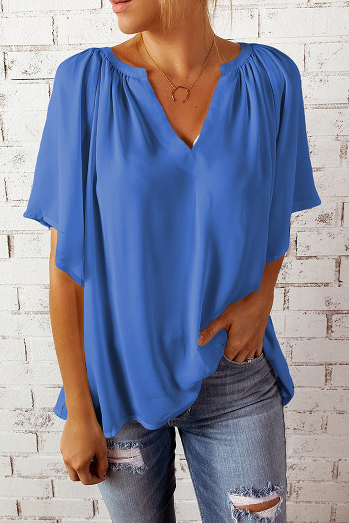 Casual Solid Patchwork V Neck T-Shirts(6 Colors)