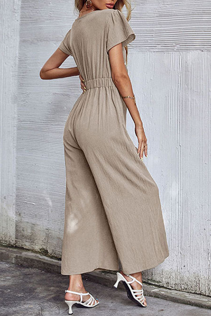 Casual Solid Patchwork V Neck Straight Jumpsuits