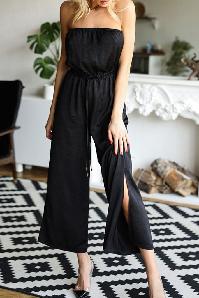 Casual Solid Patchwork Strapless Straight Jumpsuits(3 Colors)