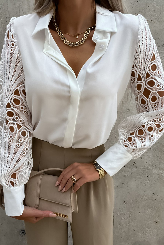 Casual Solid Lace Turndown Collar Tops