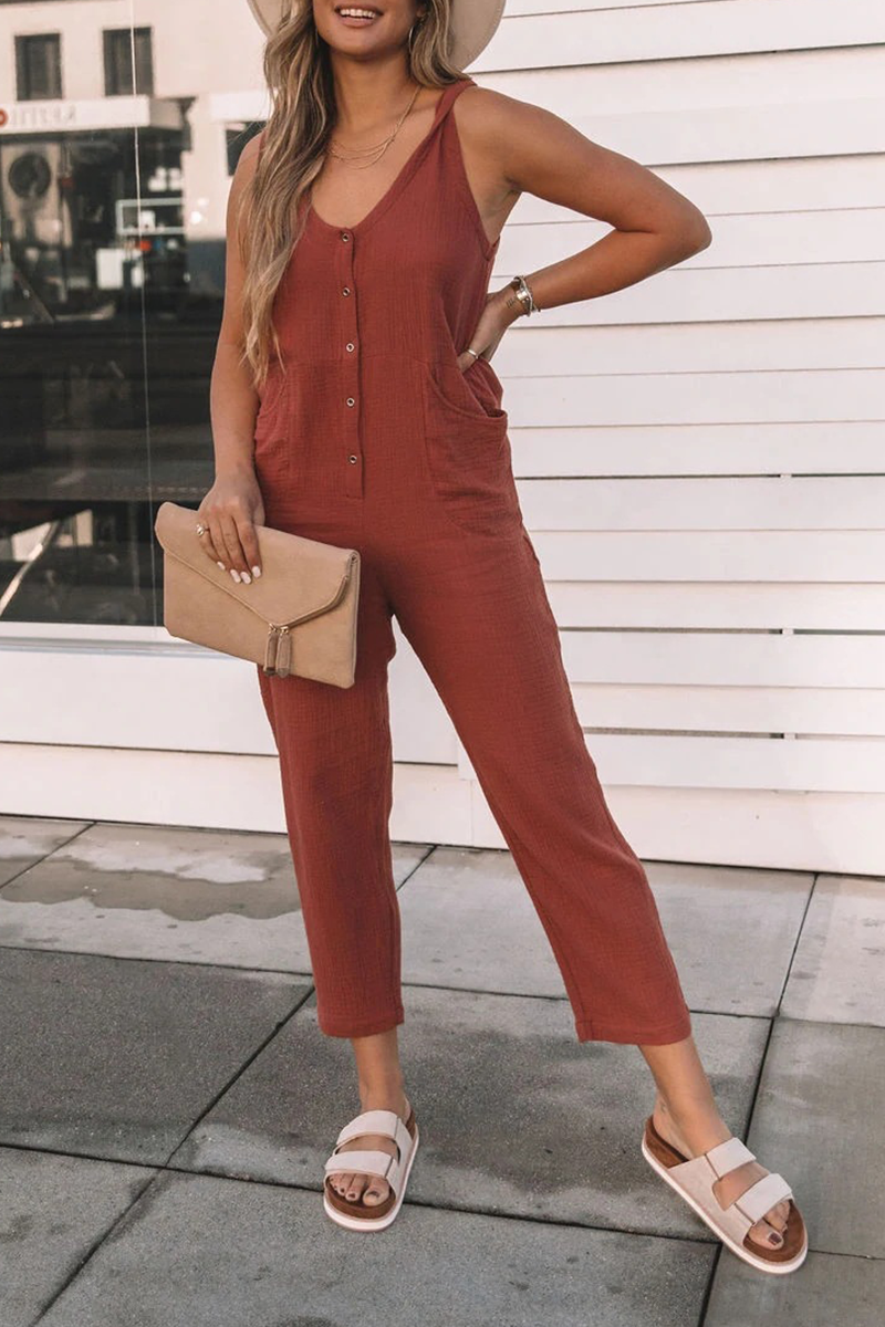 Casual Solid Patchwork POLO collar Straight Jumpsuits