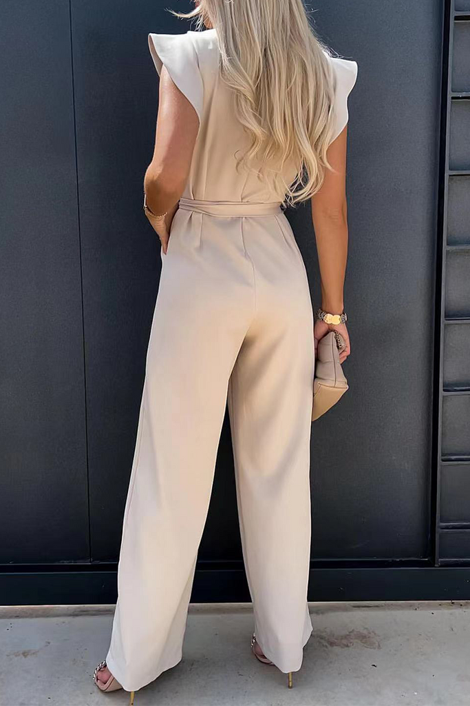 Casual Solid Flounce O Neck Straight Jumpsuits