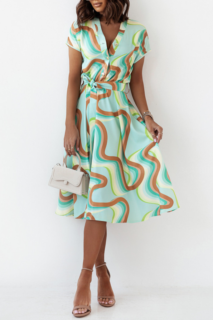 Fashion Print Split Joint V Neck Cake Skirt Dresses(4 colors)