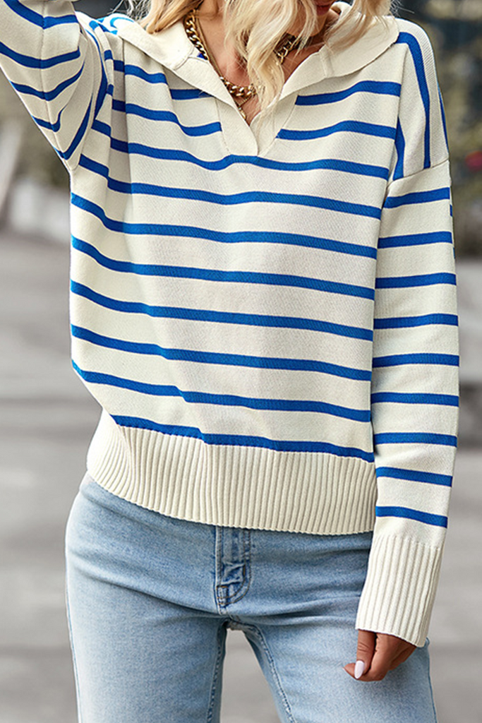 Casual Striped Patchwork Turndown Collar Tops(4 colors)