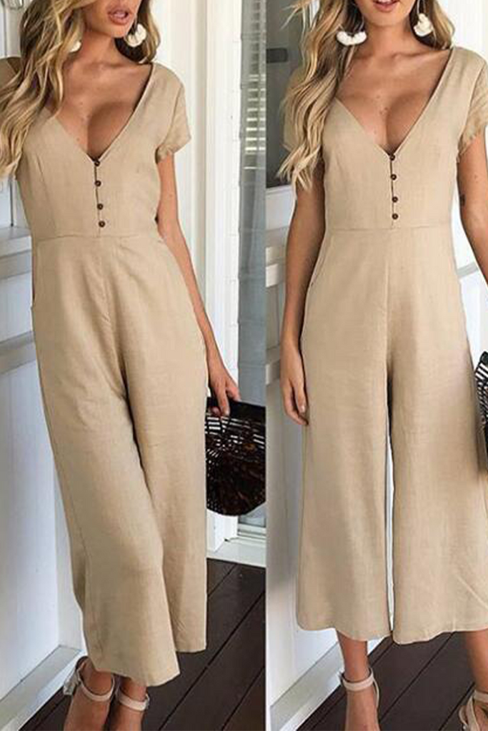 Casual Solid Patchwork V Neck Boot Cut Jumpsuits(4 colors)