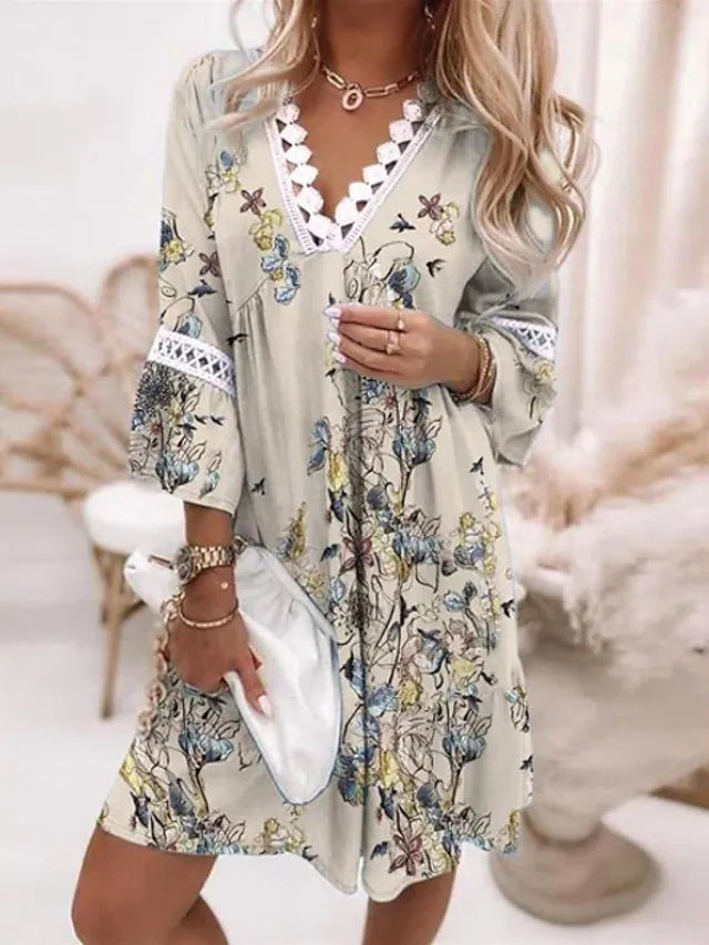 Casual Print Patchwork V Neck Straight Dresses(8 colors)