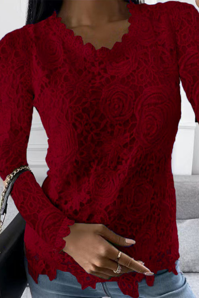 Fashion Solid Lace O Neck Long Sleeve Tops(5 Colors)