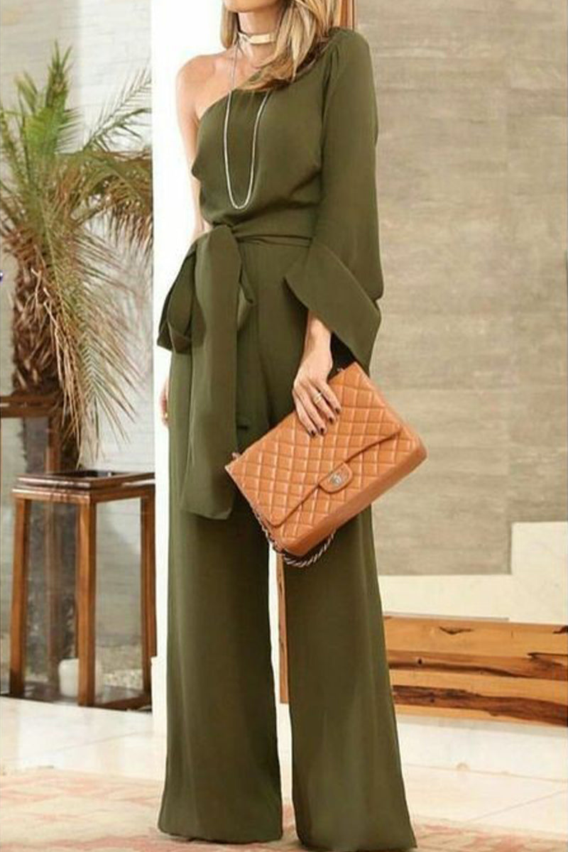 Fashion Solid One Shoulder Straight Jumpsuits