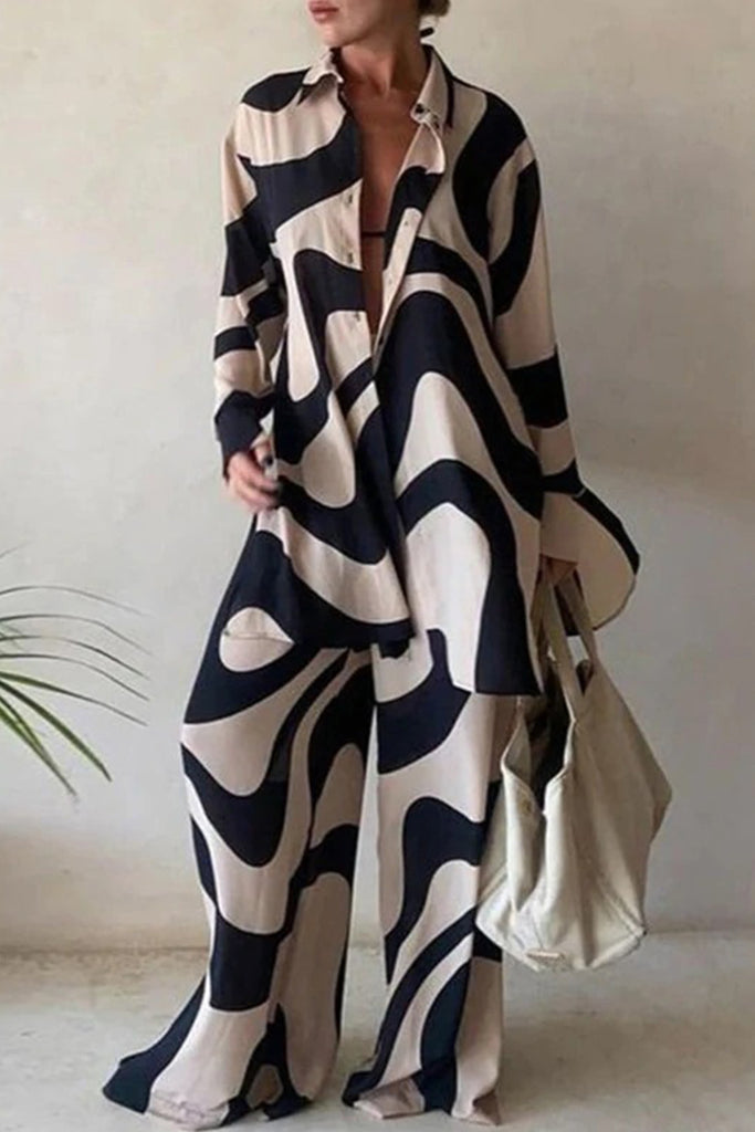 Casual Print Turndown Collar Long Sleeve Two Pieces(5 Colors)