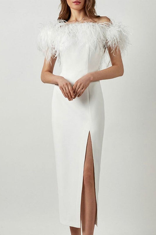 Celebrities Elegant Solid Feathers Zipper Off the Shoulder Evening Dress Dresses