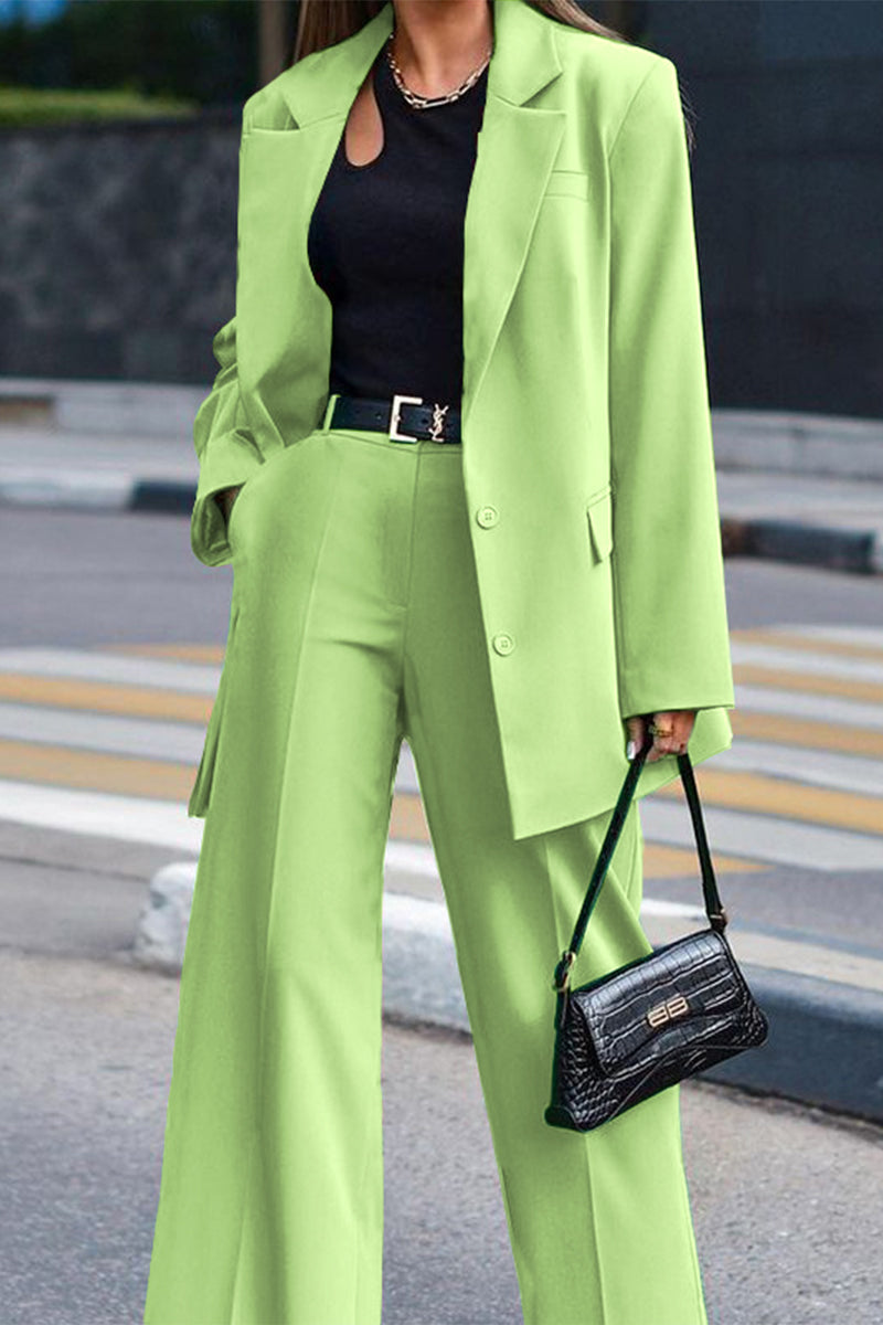 Grass Green Solid Long Sleeve Casual Suit 2 Piece Set