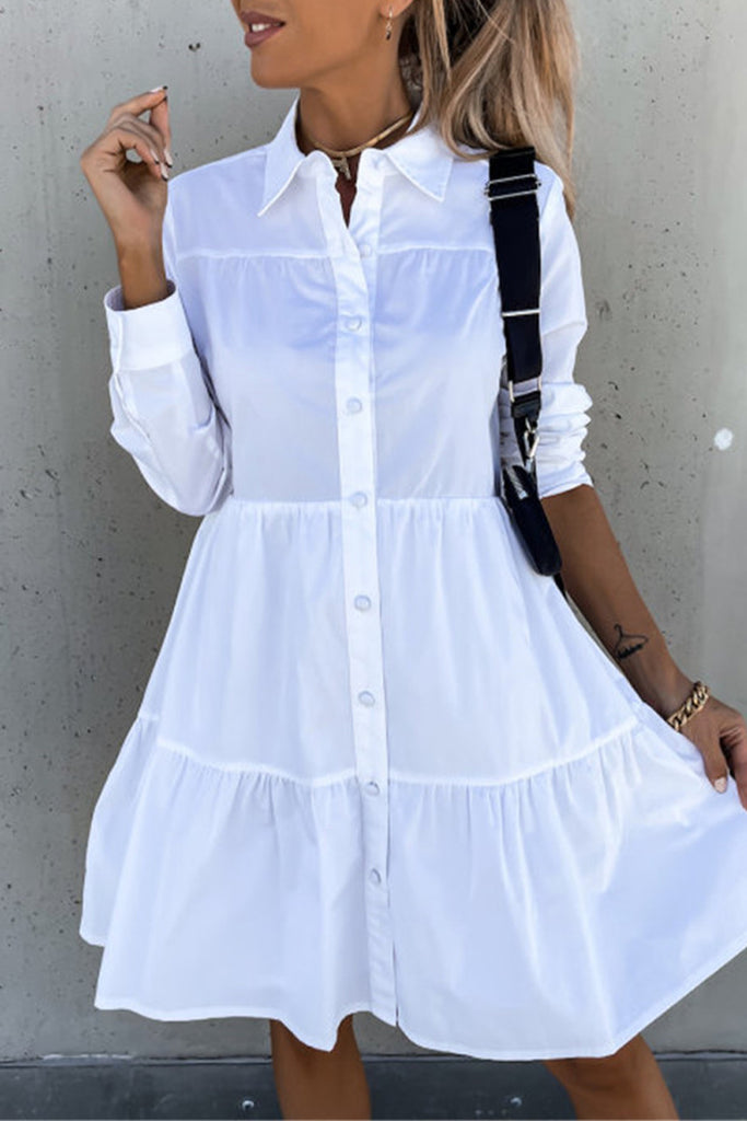 Casual Solid Buckle Turndown Collar Shirt Dress Dresses(4 Colors)