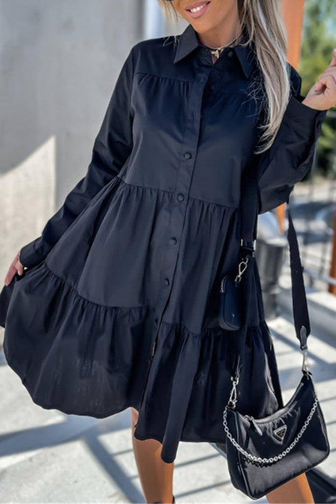 Casual Solid Buckle Turndown Collar Shirt Dress Dresses(4 Colors)