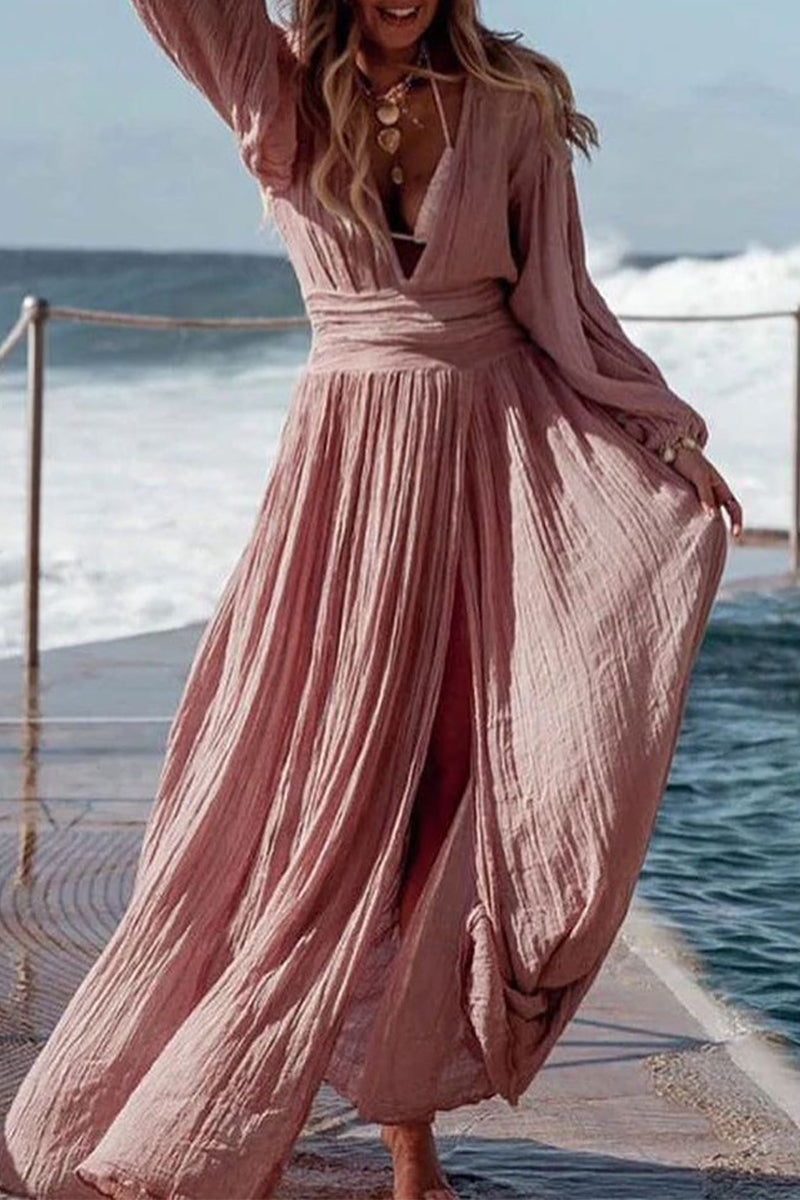 Sweet Vacation Solid Slit V Neck Trailing Dresses(3 Colors)