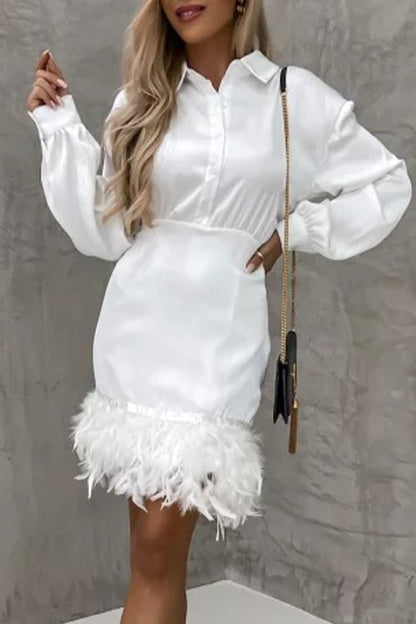 Solid Buttons Feathers Wrapped Skirt Dresses