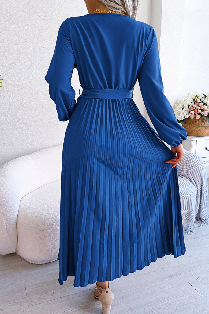 Elegant Solid Frenulum Fold V Neck Pleated Dresses(5 Colors)